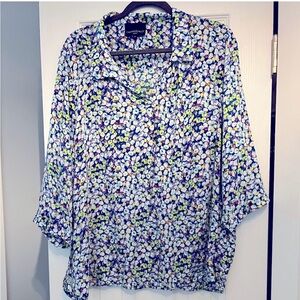 Cynthia Rowley White and Blue 3/4 Sleeve Relaxed Blouse